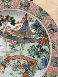 A Chinese famille verte dish with figures in a landscape, Kangxi